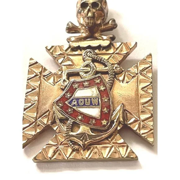 Antique Ancient Order Of United Workmen Fob Skull Crossbones Anchor Emblem